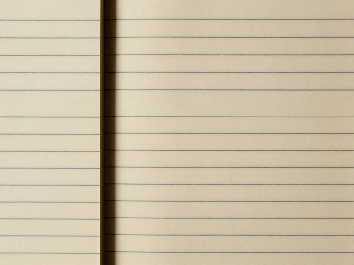 Two sheets of ruled ledger paper laid side by side, divided by a hard shadowed gap.